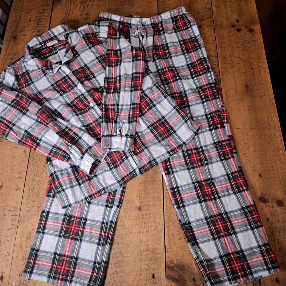 LL Bean Womens Flannel Pajama Set M Red White Plaid Cotton Button Front PJs